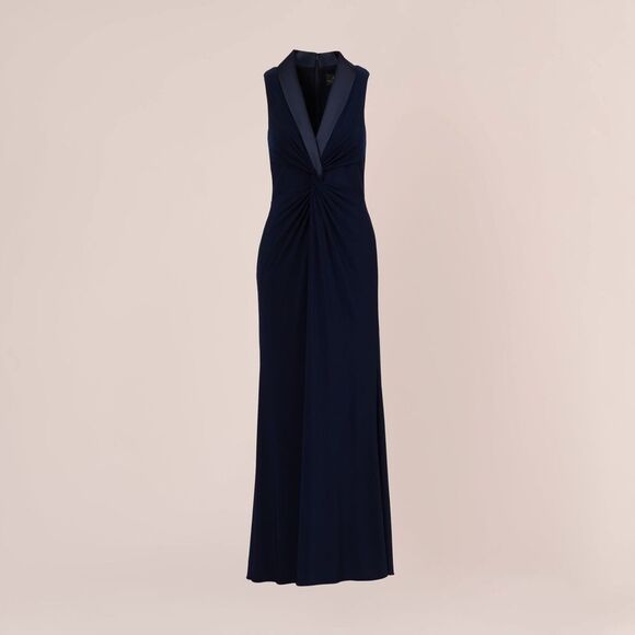 NWT ADRIANNA PAPELL | Matte Jersey Twist Front Tuxedo Long Gown In Midnight 6 - Picture 4 of 14